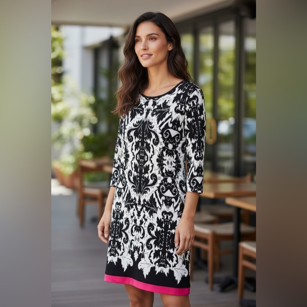Eliza J - Black and White Dress with Pink Accent - Patterned - Size 12